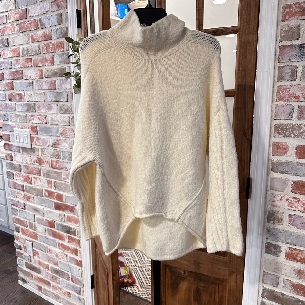 Moth Sweater Women Cream Mock Neck Wool Blend Hygge Coastal Grandma Boho STAIN S